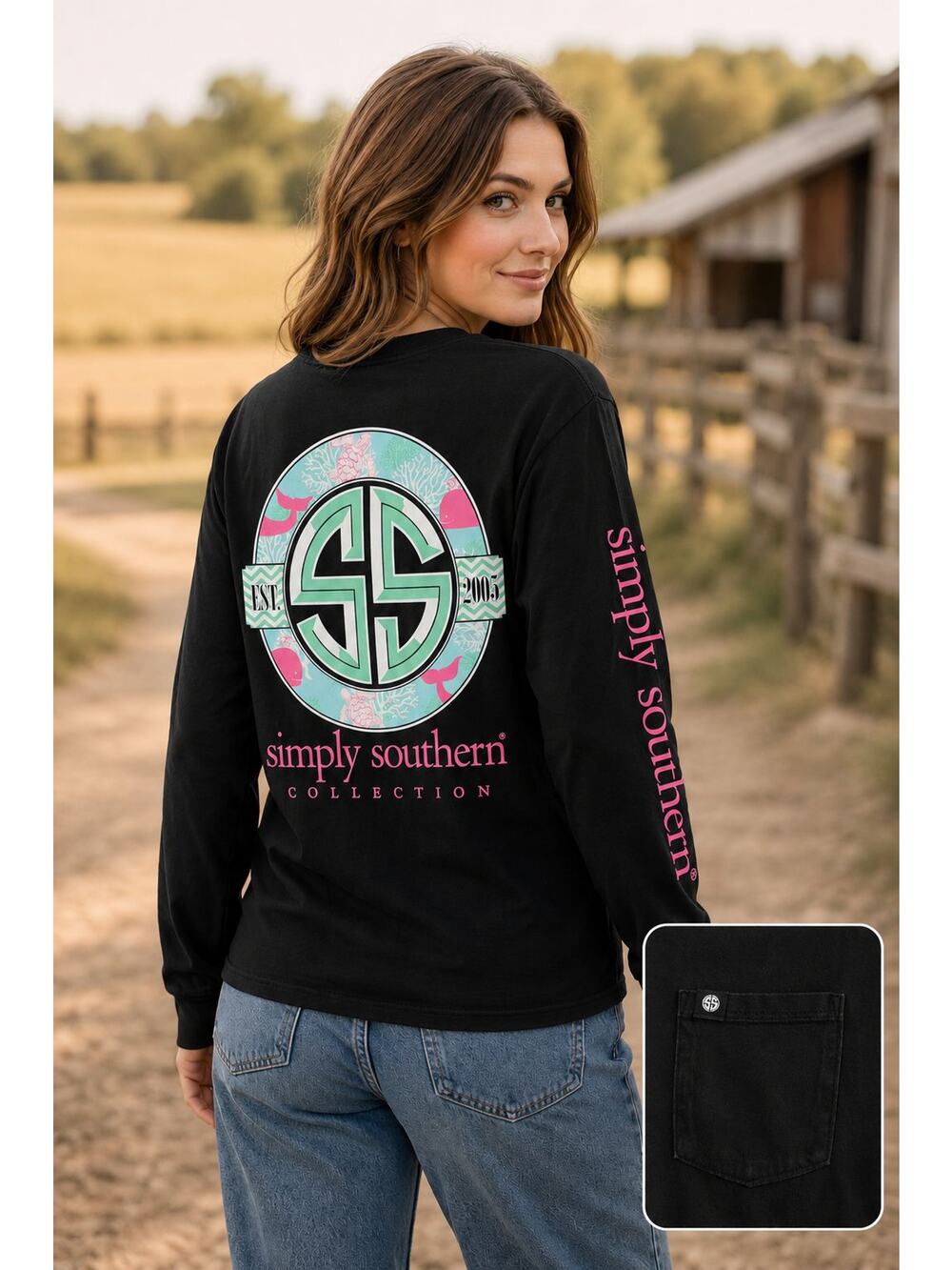 Simply Southern Collection Long Sleeve Pocket Tee Black Pink Logo Shirt Small